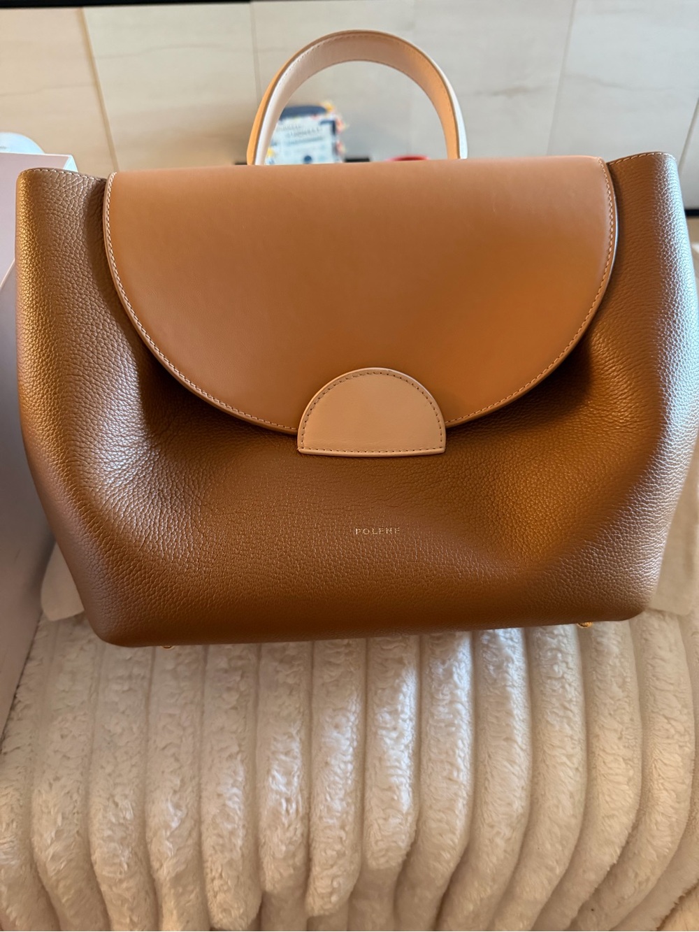 Polene Two-Tone Brown and Light Tan Leather Crossbody Satchel